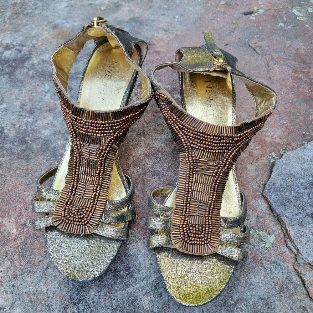 Nine West Gold Beaded Detail Heels Size 6